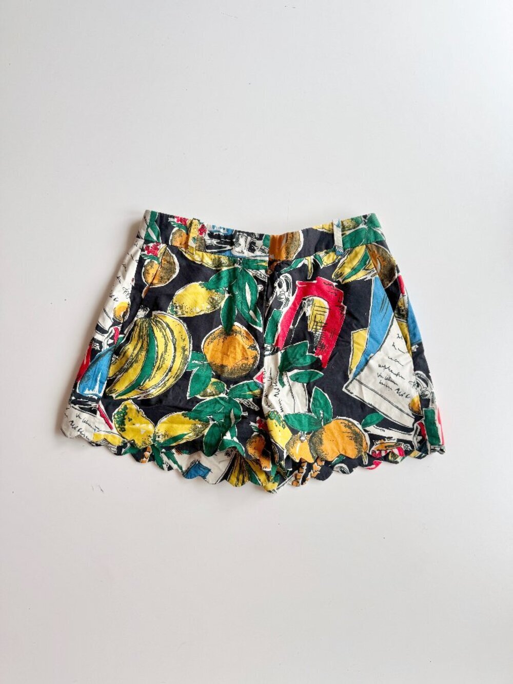 J.CREW Postcard Fruit Print Cotton Poplin Scalloped Chino Shorts, Size 00